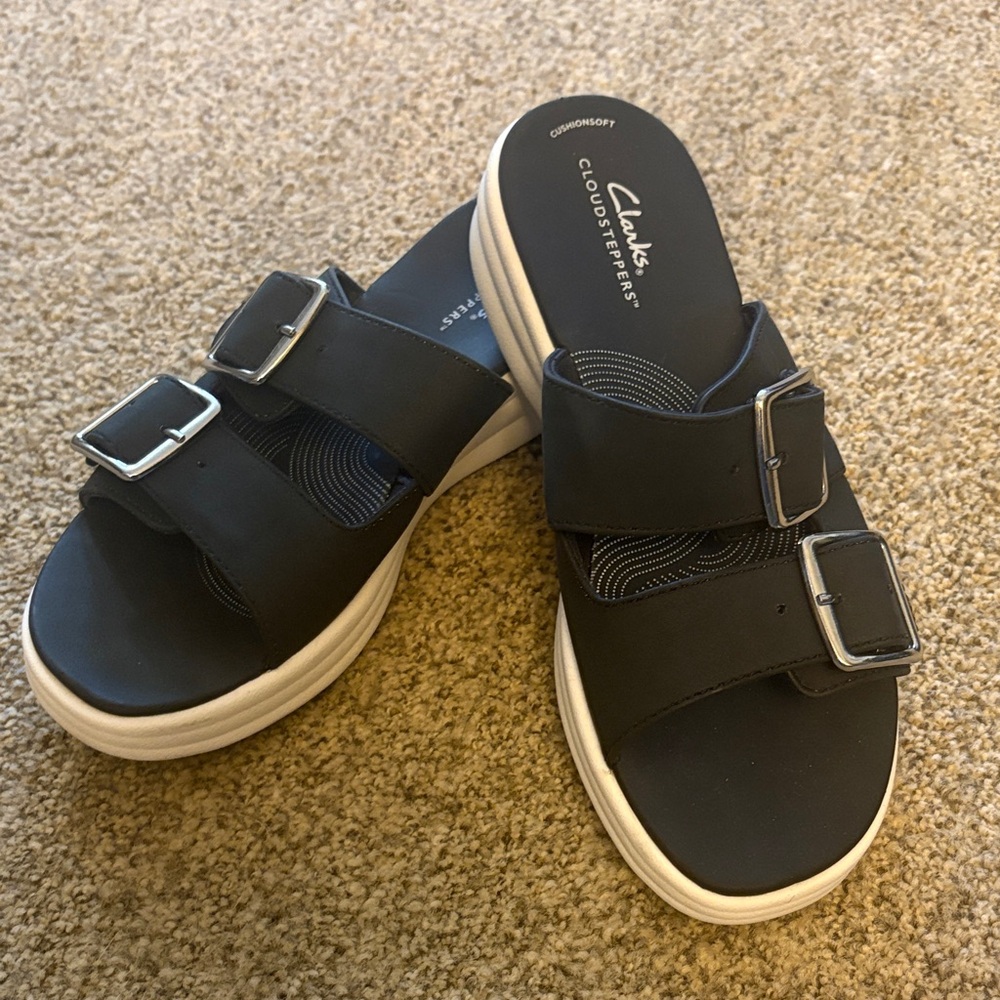 Clarks Black Slide Sandals with Buckles
